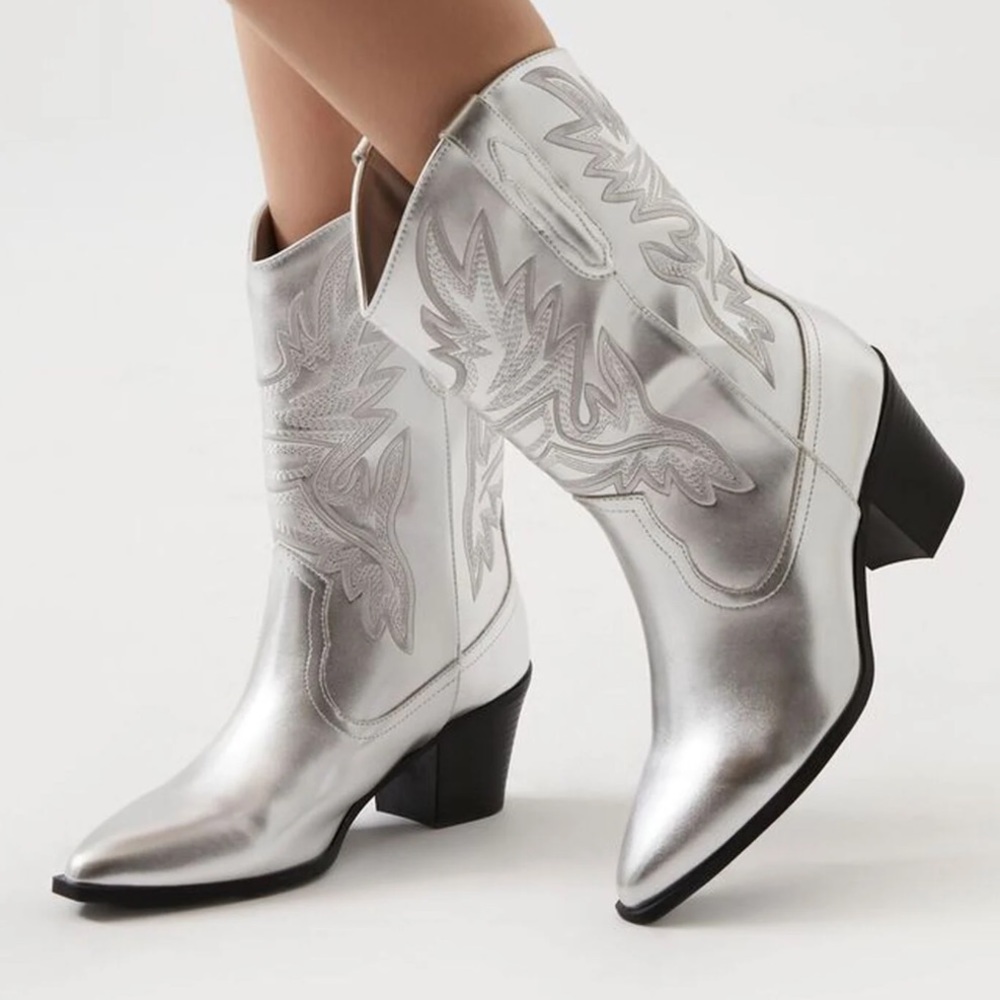 Forever21 Silver Cowboy Boots, Eras Tour Accessory, Size 8/8.5
